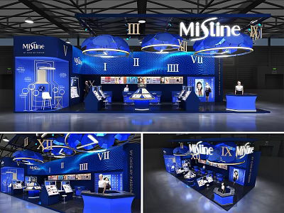 MiLine Blue Exhibition Booth With Multiple Zones Display Counters And Hanging Lights 3d model