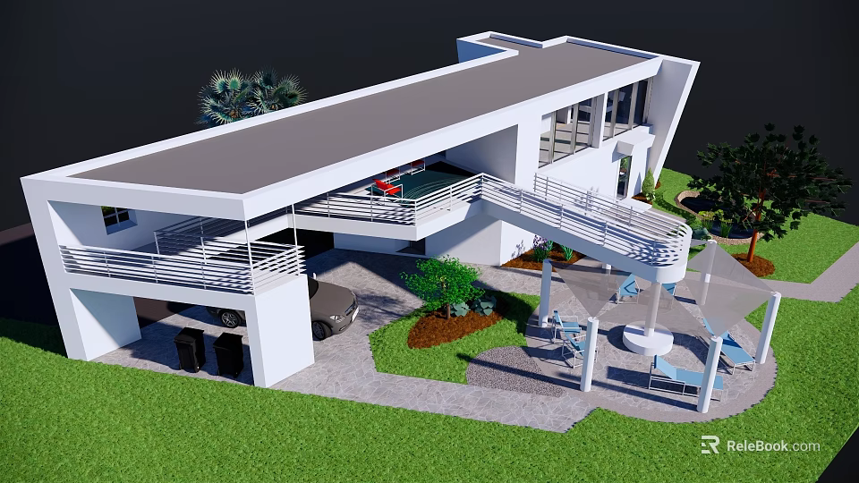 Modern Detached Villa With White Exterior Flat Roof Terrace Greenery And Outdoor Seating Area 3d model 
