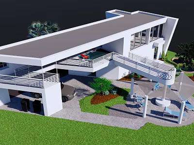 Modern Detached Villa With White Exterior Flat Roof Terrace Greenery And Outdoor Seating Area 3d model