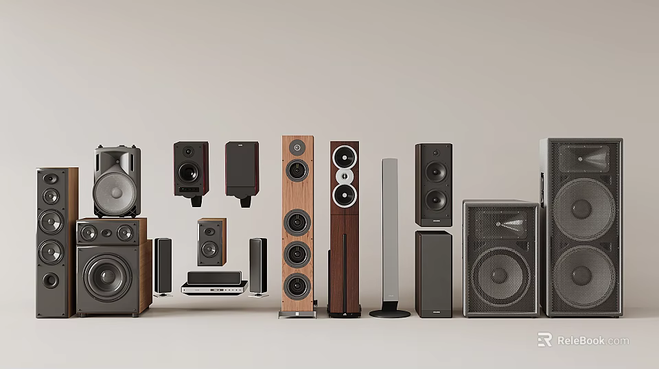 Assorted Audio Speaker Models Including Floor Standing Bookshelf and Compact Designs on 3d model 