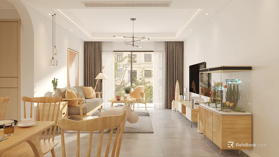 Modern Living Dining Room Interior With Wooden Furniture Sofa TV And Fish Tank 3d model 