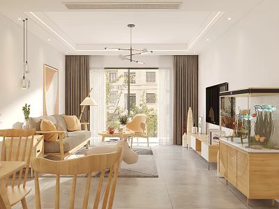 Modern Living Dining Room Interior With Wooden Furniture Sofa TV And Fish Tank 3d model
