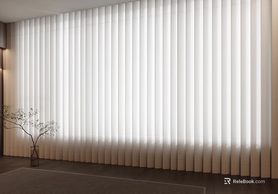 White Vertical Blinds With Sunlight Streaming Through And Potted Plant On Dark Wooden Floor 3d model 