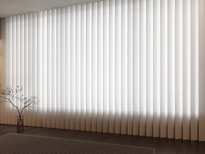 White Vertical Blinds With Sunlight Streaming Through And Potted Plant On Dark Wooden Floor 3d model