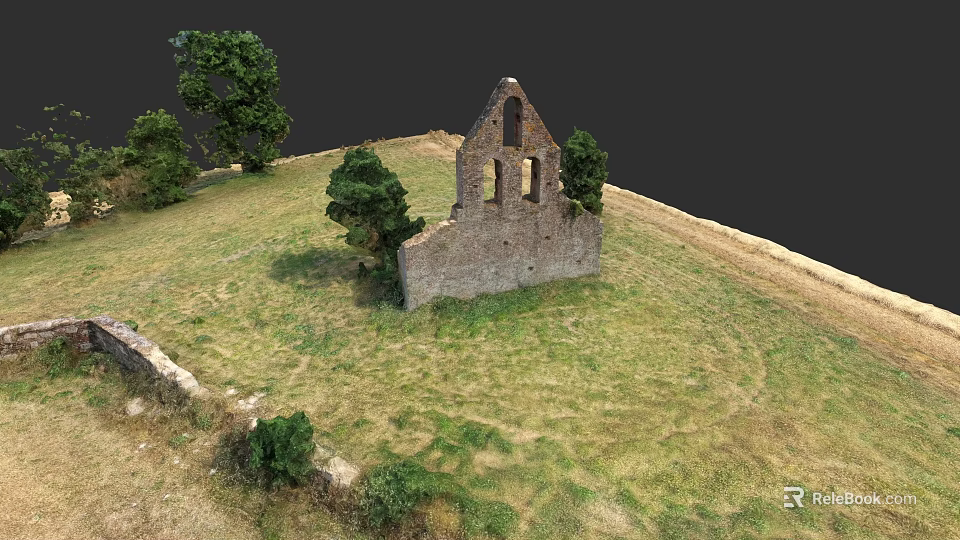 Ancient Stone Ruin in Serene Garden Landscape With Green Grass and Trees 3d model 