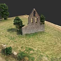 Ancient Stone Ruin in Serene Garden Landscape With Green Grass and Trees
