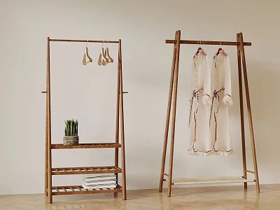 Wooden coat racks with hanging shoes potted plant towels and clothes in minimalist indoor space 3d model