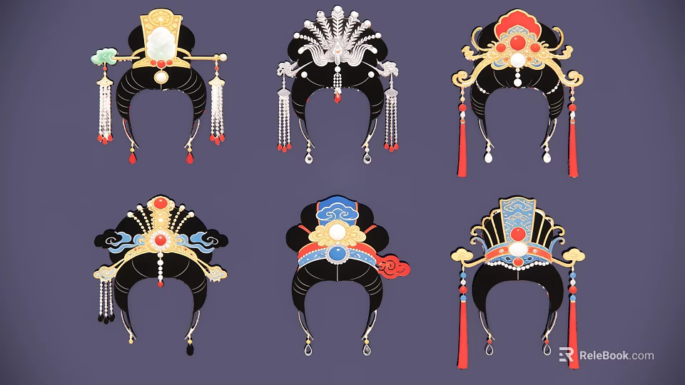 Traditional Chinese Headwear Pendants With Various Decorative Tassels And Ornaments 3d model 