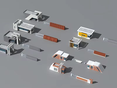 Various Modern Entrance Gate Designs With Brick Walls And Roof Structures 3d model