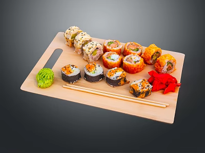 Colorful Assorted Sushi Rolls Served on Wooden Tray with Chopsticks and Garnishes 3d model