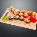 Colorful Assorted Sushi Rolls Served on Wooden Tray with Chopsticks and Garnishes