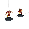 Two Superhero Figurines In Red And Yellow Costumes With Running Poses On Gray Bases