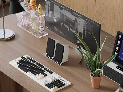 Modern Computer Workspace Setup Featuring Monitor Keyboard Speakers and Potted Plant 3d model