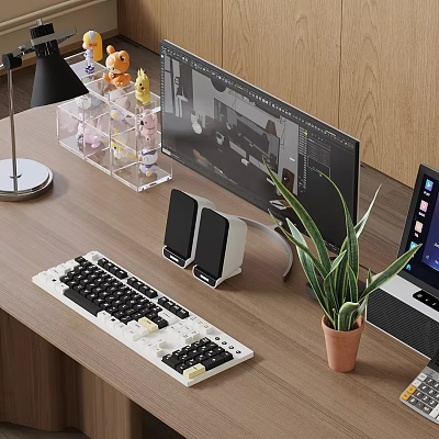 Modern Computer Workspace Setup Featuring Monitor Keyboard Speakers and Potted Plant 3d model