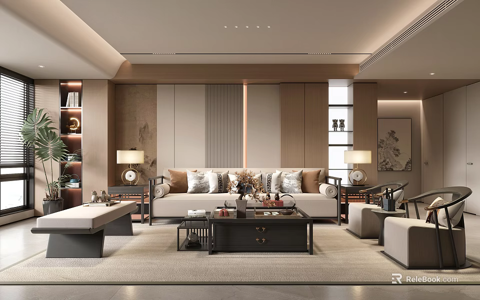 Modern Living Room Interior Design With Sofa Coffee Table Lamps Plants And Decorative Shelves 3d model 