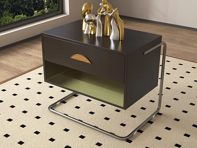 Black Side Table With Drawer Gold Handle Metal Frame And Decorations On Patterned Rug 3d model