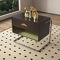 Black Side Table With Drawer Gold Handle Metal Frame And Decorations On Patterned Rug