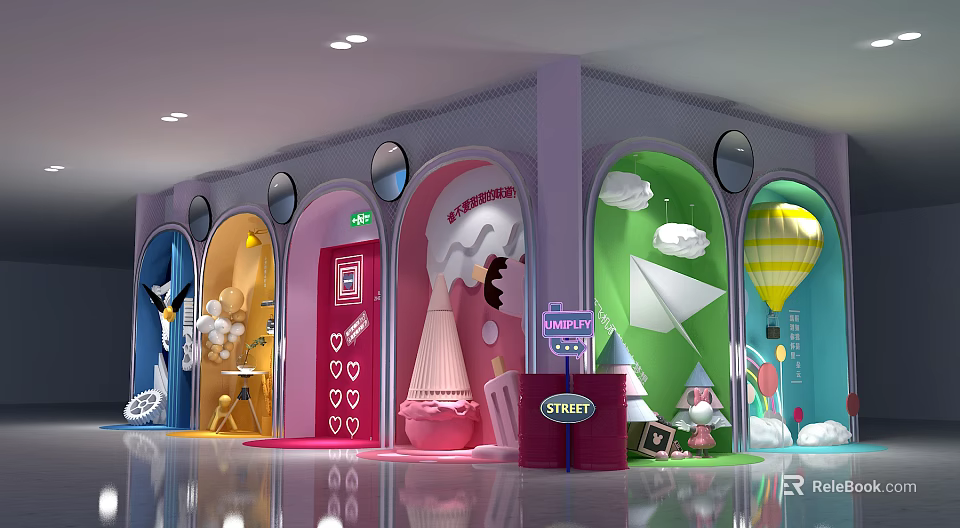 Colorful Themed Photo Spot With Cartoon Arches Clouds Paper Planes And Hot Air Balloon 3d model 