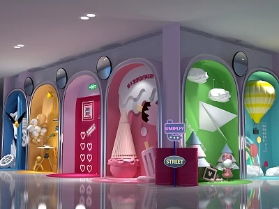 Colorful Themed Photo Spot With Cartoon Arches Clouds Paper Planes And Hot Air Balloon 3d model