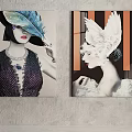 Stylish Female Portrait Paintings with Feather Accents Sequined Clothing Pearl Necklace on Orange Black Striped Backgrounds