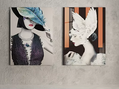 Stylish Female Portrait Paintings with Feather Accents Sequined Clothing Pearl Necklace on Orange Black Striped Backgrounds 3d model