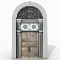 Ornate Arched Entrance Gate With Wooden Door Gray Frame And Metal Decoration
