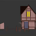 Cartoon Scene With Two Story Pink House Brown Roof Wooden Walkway And Small Shed