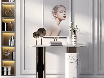 Elegant Modern Console Table With Marble Base Portrait Painting And Decorative Lamps 3d model