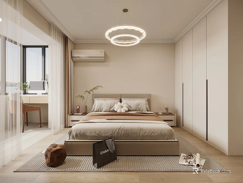 Minimalist Modern Bedroom Interior With Beige Bed Circular Pendant Light Nightstands And Window Curtains 3d model 