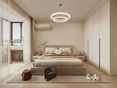 Minimalist Modern Bedroom Interior With Beige Bed Circular Pendant Light Nightstands And Window Curtains 3d model