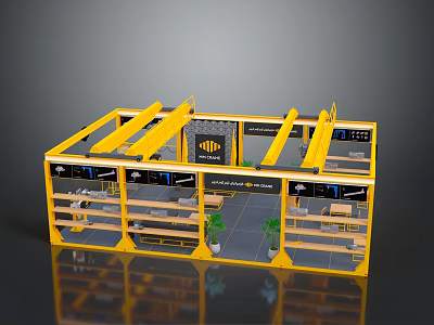 Yellow Exhibition Booth Interior With Shelves Brand Logo And Green Plants Display Space 3d model