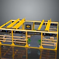 Yellow Exhibition Booth Interior With Shelves Brand Logo And Green Plants Display Space
