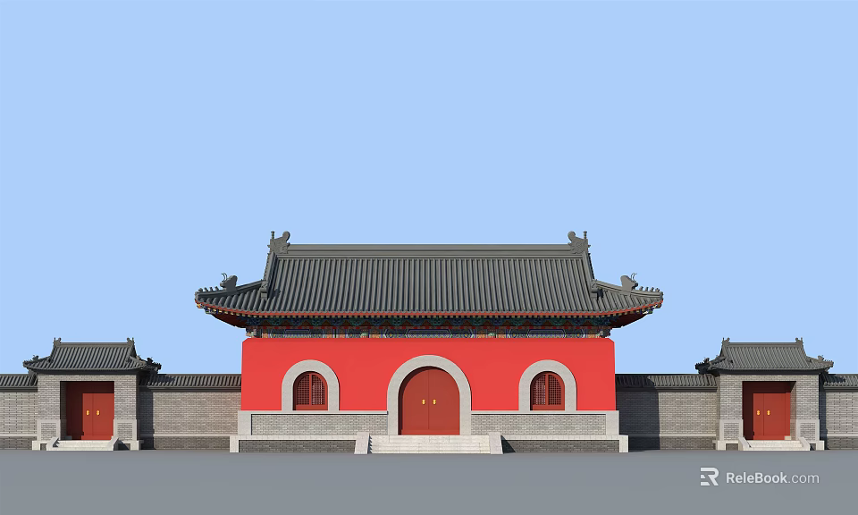 Chinese Traditional Entrance Gate With Red Walls Black Roof And Classic Eaves 3d model 