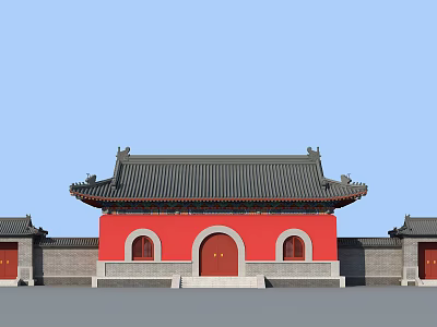 Chinese Traditional Entrance Gate With Red Walls Black Roof And Classic Eaves 3d model