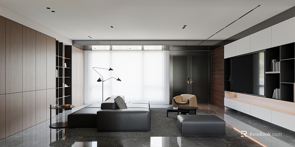 Modern Open Living Dining Room Interior With Black Sofa Beige Accent Chair Floor Lamp And Large Windows 3d model 