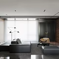 Modern Open Living Dining Room Interior With Black Sofa Beige Accent Chair Floor Lamp And Large Windows