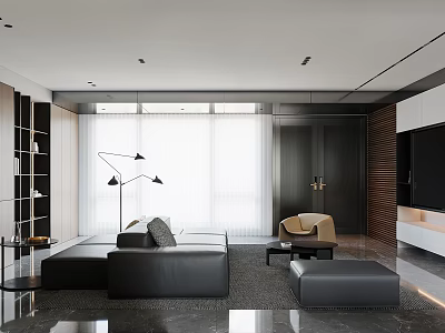 Modern Open Living Dining Room Interior With Black Sofa Beige Accent Chair Floor Lamp And Large Windows 3d model