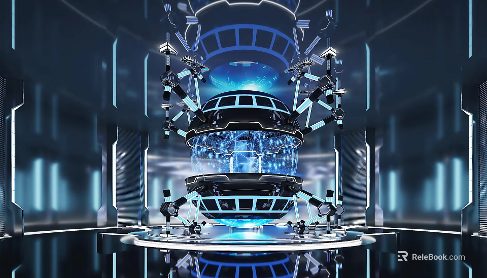 Futuristic High Tech Environment Featuring Spherical Structure Blue Lighting And Mechanical Arms 3d model