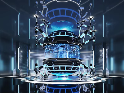 Futuristic High Tech Environment Featuring Spherical Structure Blue Lighting And Mechanical Arms 3d model