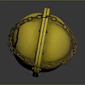 Round Yellow Medieval Shield With Crossed Iron Chains And Black Smiley Face Design