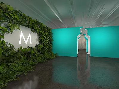 Modern Interior Space With Green Plant Wall Teal Walls White Letter M And Doorway 3d model