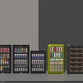 Modern Style Refrigerators Freezers in Different Colors Sizes Filled with Drinks Bottled Items