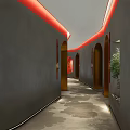 Modern Hotel Corridor With Curved Gray Walls Red Accent Lines And Plant Decor