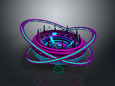 Futuristic Glowing Ring Structure With Blue And Purple Illumination And Central Tower Design 3d model