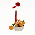 Fresh Ripe Apricots in White Bowl with Halved Fruit and Red Vase with Flowers