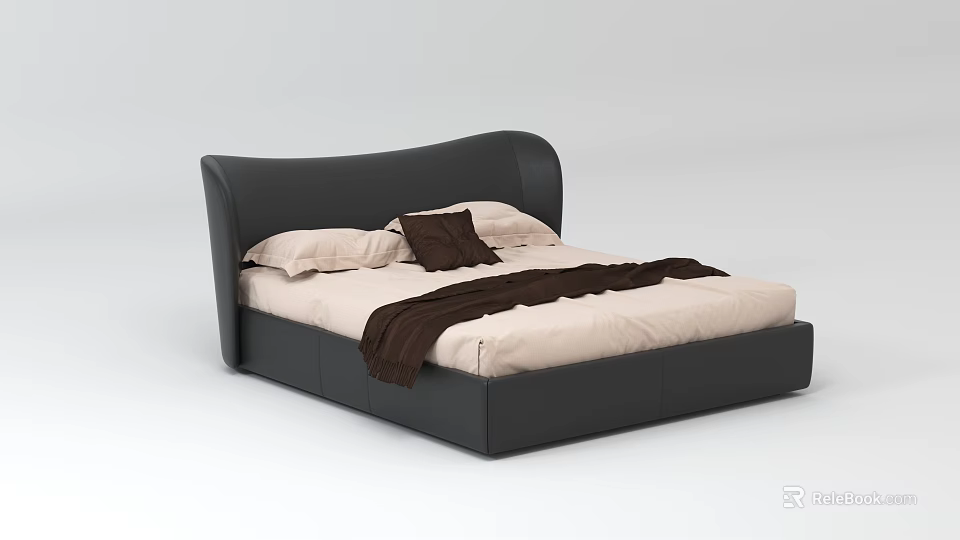 Double Bed with Black Curved Headboard Light Colored Mattress White Pillows Brown Cushion and Blanket 3d model 