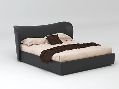 Double Bed with Black Curved Headboard Light Colored Mattress White Pillows Brown Cushion and Blanket 3d model