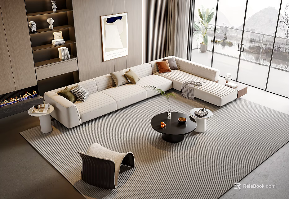 Modern Beige L shaped Sofa And Black Coffee Table Set With Cushions And Rug 3d model 