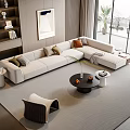 Modern Beige L shaped Sofa And Black Coffee Table Set With Cushions And Rug
