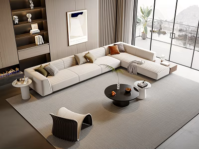 Modern Beige L shaped Sofa And Black Coffee Table Set With Cushions And Rug 3d model